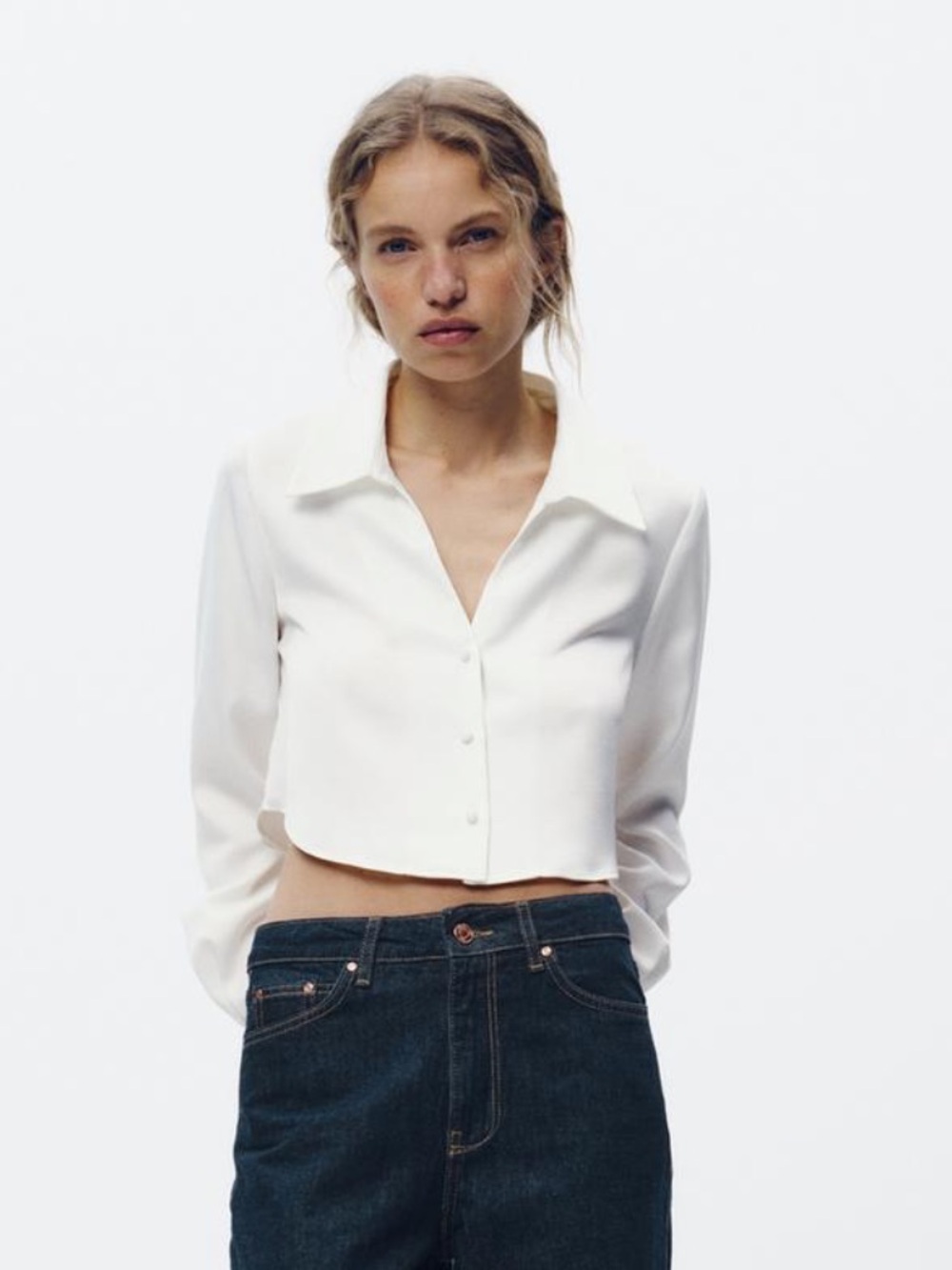 Zara white button down cropped stain top